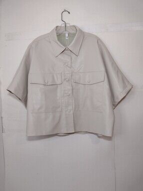 glam Women's Short Boxy Faux Leather Shirt Jacket - Light Beige